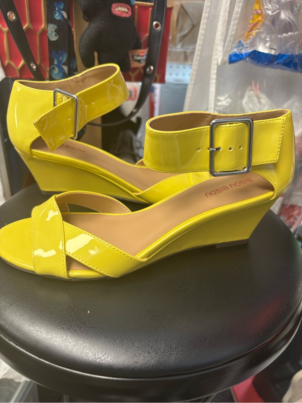 Bisou Bisou Lemon Yellow Patent Wedge Sandals with Buckle Ankle Strap